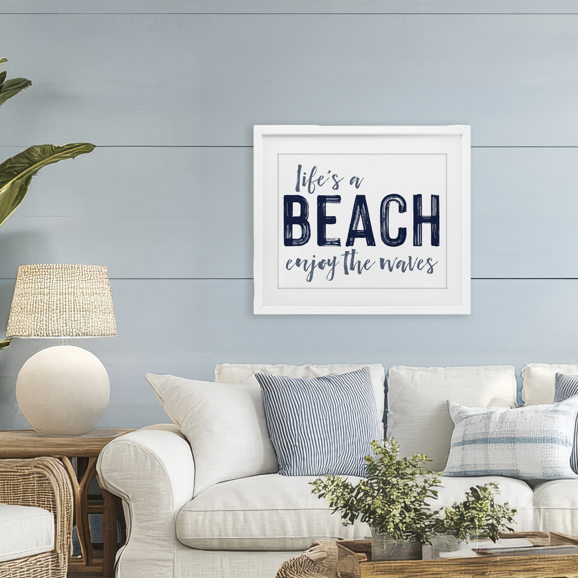Summer Sentiment Enjoy Waves White Framed Print Under Glass, design by Lettered and Lined