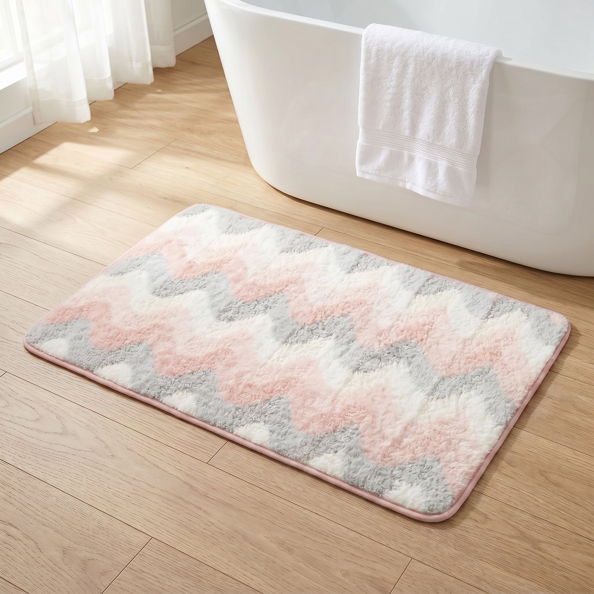Unique Bargains Absorbent Non-Slip Machine Washable Geometric Bath Mat Pink 32" x 20"