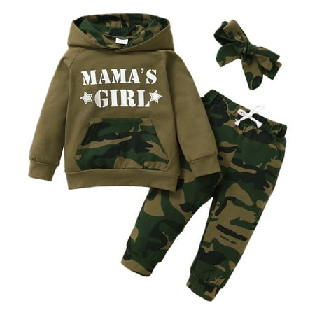 

SYNPOS 6-24M Toddler Baby Girl Outfits Long Sleeve Hoodie Sweatsuit + Camouflage Pant + Headband 3PCS Set.