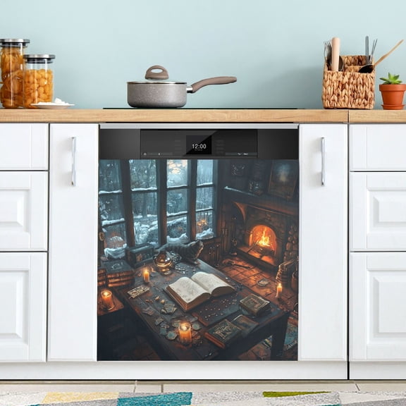 Qxltty Cozy Fireplace Room Magnetic Dishwasher Sticker Refrigerator Cover Washing Machine Panel Kitchen Appliance Decoration 23×26in