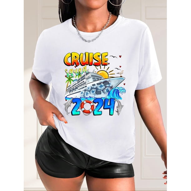 Camiseta para mujer Suave de verano2024 Cruise Boat Sea Graphic Short Sleeves Sports Tee, Round Neck Workout Causal T-shirt Top, Women's ActivewearFather's Day, Mother's Day, New Year, Spring Festiv