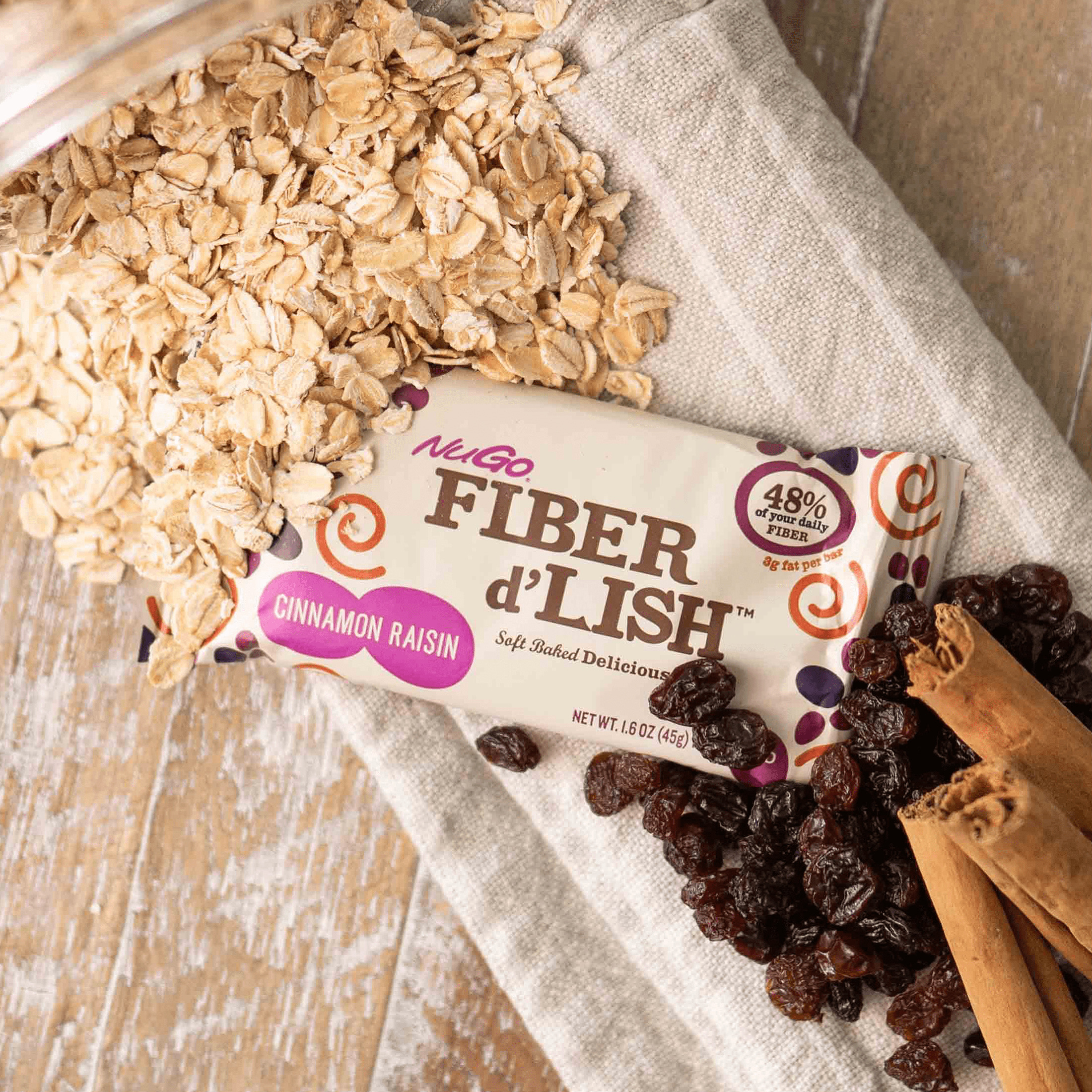 NuGo Fiber d'Lish Cinnamon Raisin, 12g High Fiber, Vegan, 16 Count