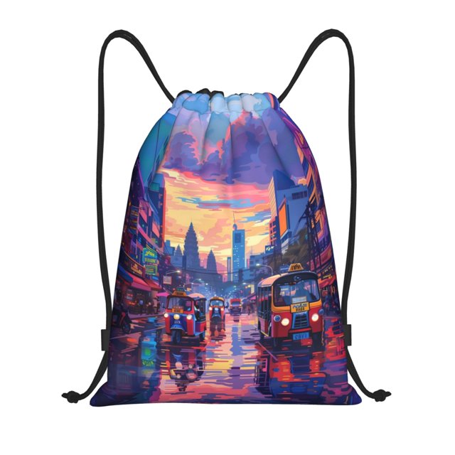 Fotbe Taxi Colorful Town Bolsa Mochila con Cordón Estampada, Bolsa de Gimnasio Deportiva, Bolsa Cinch, Bolsa con Cordón para Hombres y Mujeres-Small