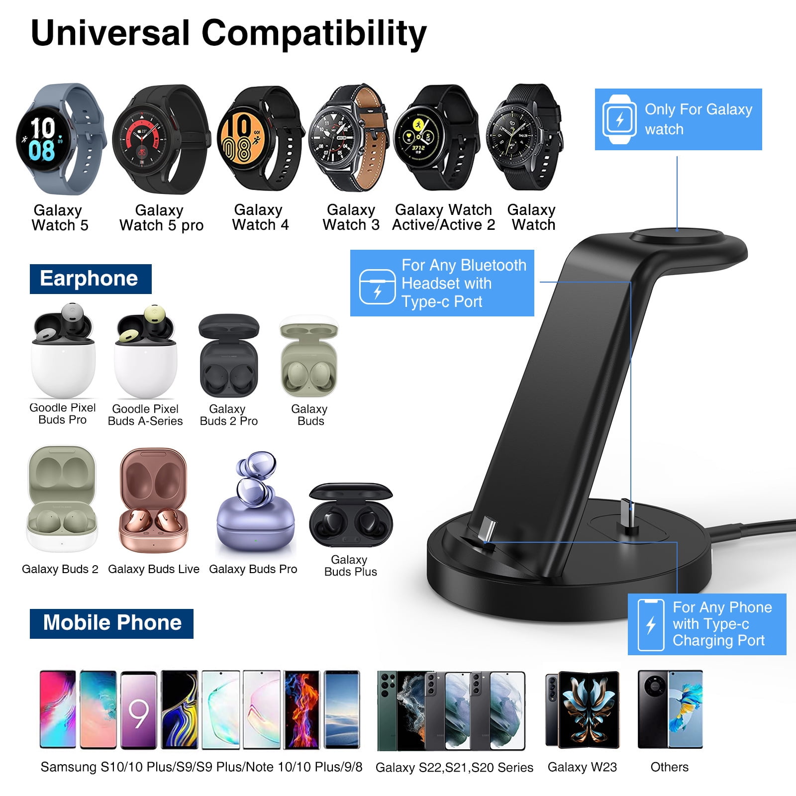 Suitable for Apple Samsung mobile phone headset wireless charging stand three-in-one desktop vertical fast charging wireless charging base,W-05 Samsung model,TYPE-C-QC3.0
