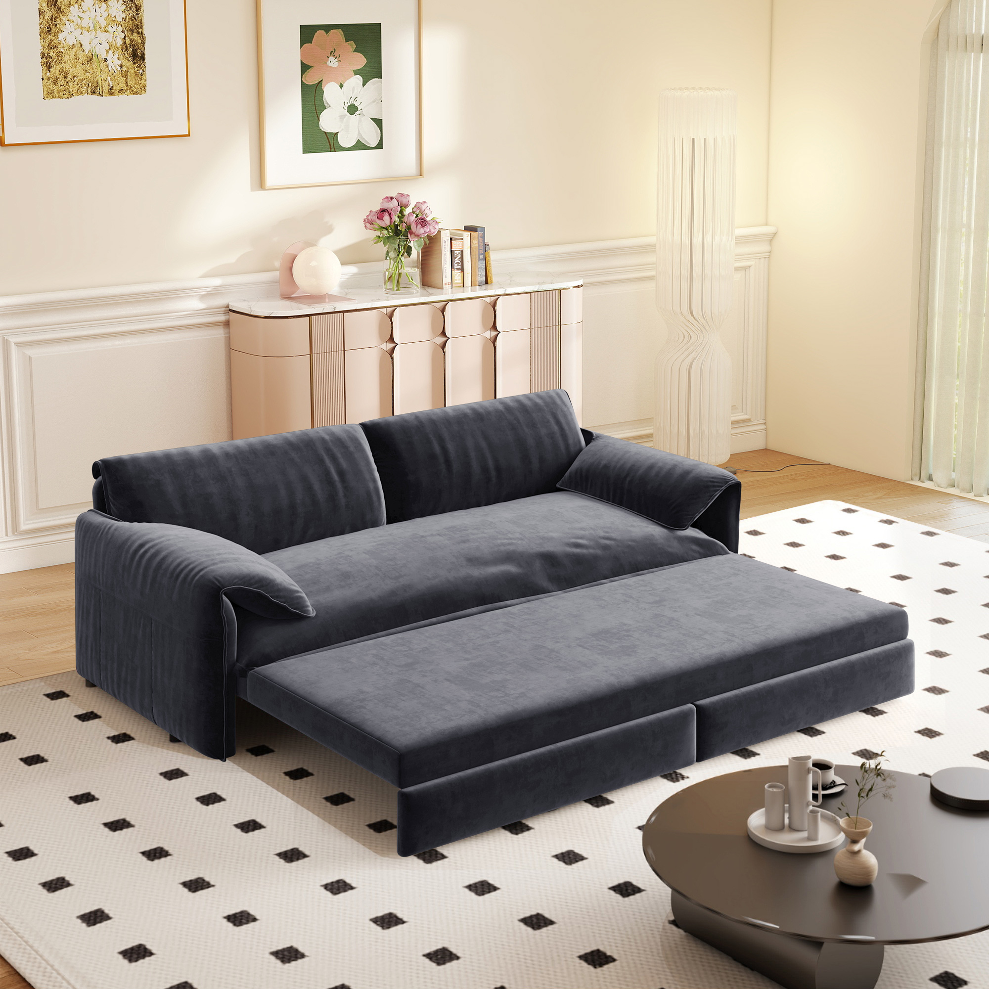 Timbernest 66" Futon Sofa Bed, 3 in 1 Convertible Sleeper Sofa Queen Size with Side Storage, Velvet Pull Out Sofa Bed, Gray