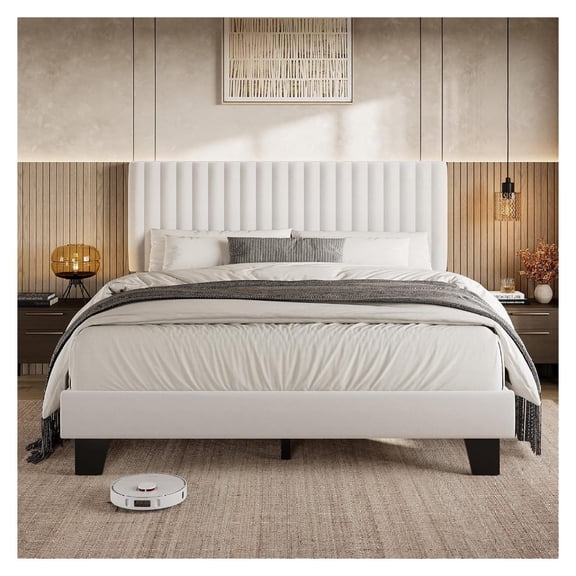 Full Size Bed Frame with Headboard, Upholstered Platform Bedframe with Solid Wooden Slats, No Box Spring Needed