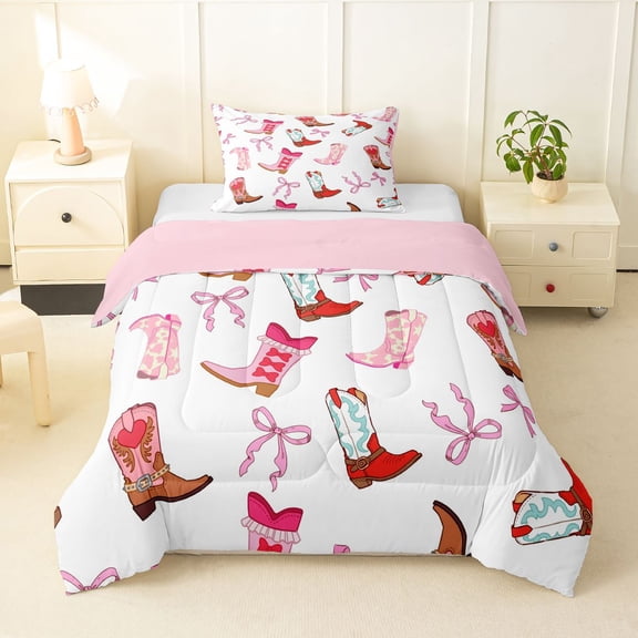 Homewish Western Cowgirl Boots Twin Comforter Sets,Cute Bowtie Bedding Set,White Pink,Pink Reversible,2-Piece,1 Comforter and 1 Pillowcase