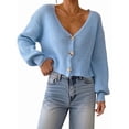 thumbnail image 2 of Cardigan Court en Tricot Côtelé à Manches Longues pour Femme, Col en V, Boutonné, Bleu Ciel, P, 2 of 9