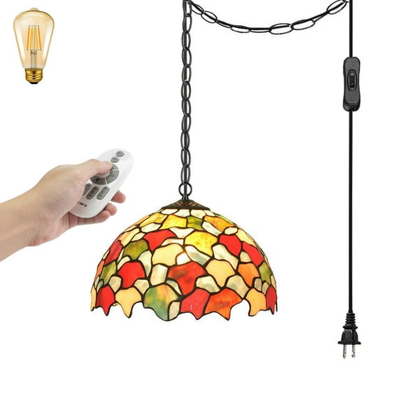 FSLiving Remote Control Plug-in Pendant Hanging Light with 15FT Cord Tiffany Exquisite Handmade Maple Leaf Glass Shade Dimmable & Color Changing & Timing for Kitchen Island - 1 Pack