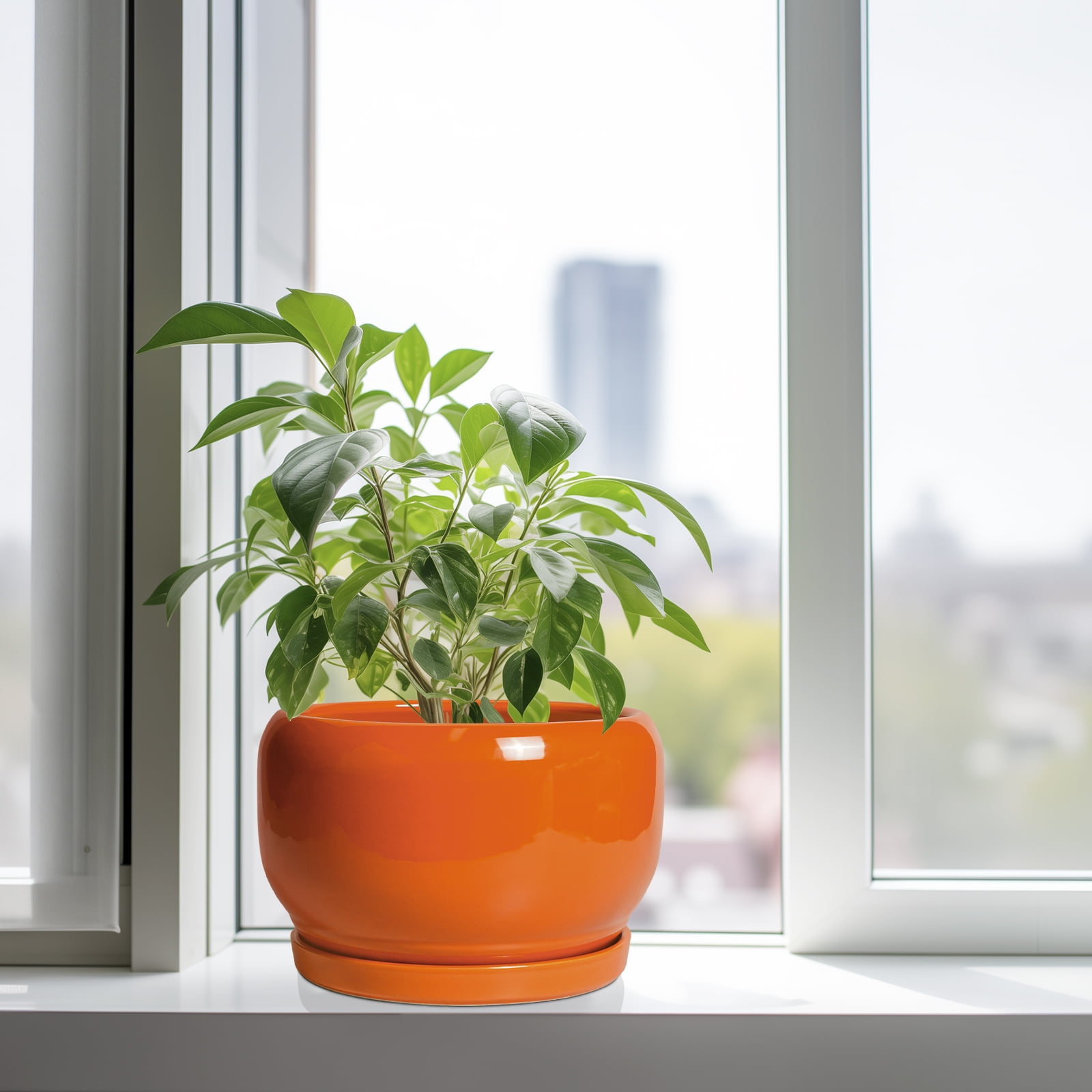 10 inch Flower Pots, Large Round Ceramic Planter with Saucer & Drainage, Modern Pot for Indoor Plants & Flowers, for Cheerful Home Decor, Glossy Orange