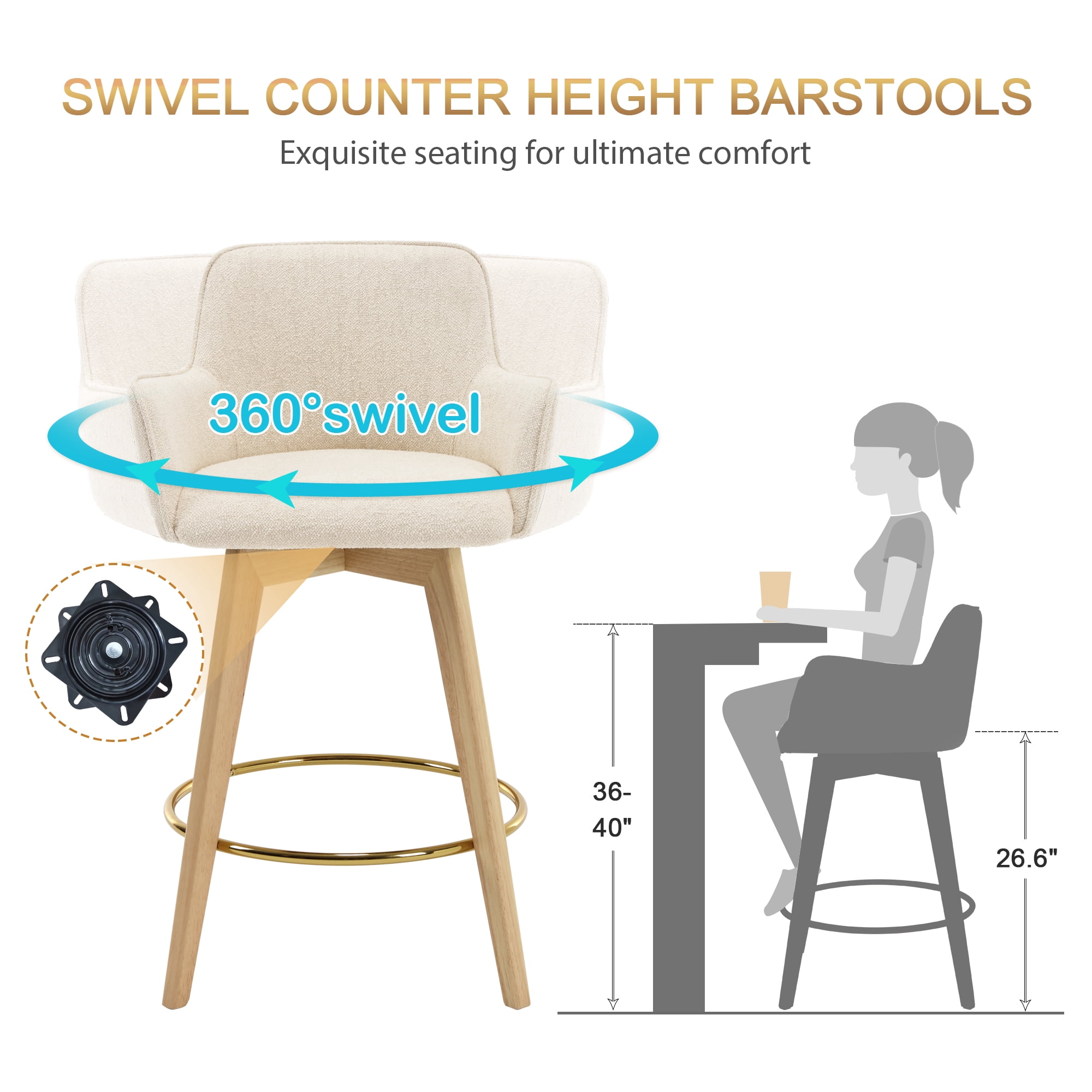 Zesthouse 26.6" Modern Bar Stools Counter Height, Swivel Single Bar Stool for Kitchen Island, Upholstered Linen Barstools with Barrel Back, Arms and Solid Wood Legs, Beige
