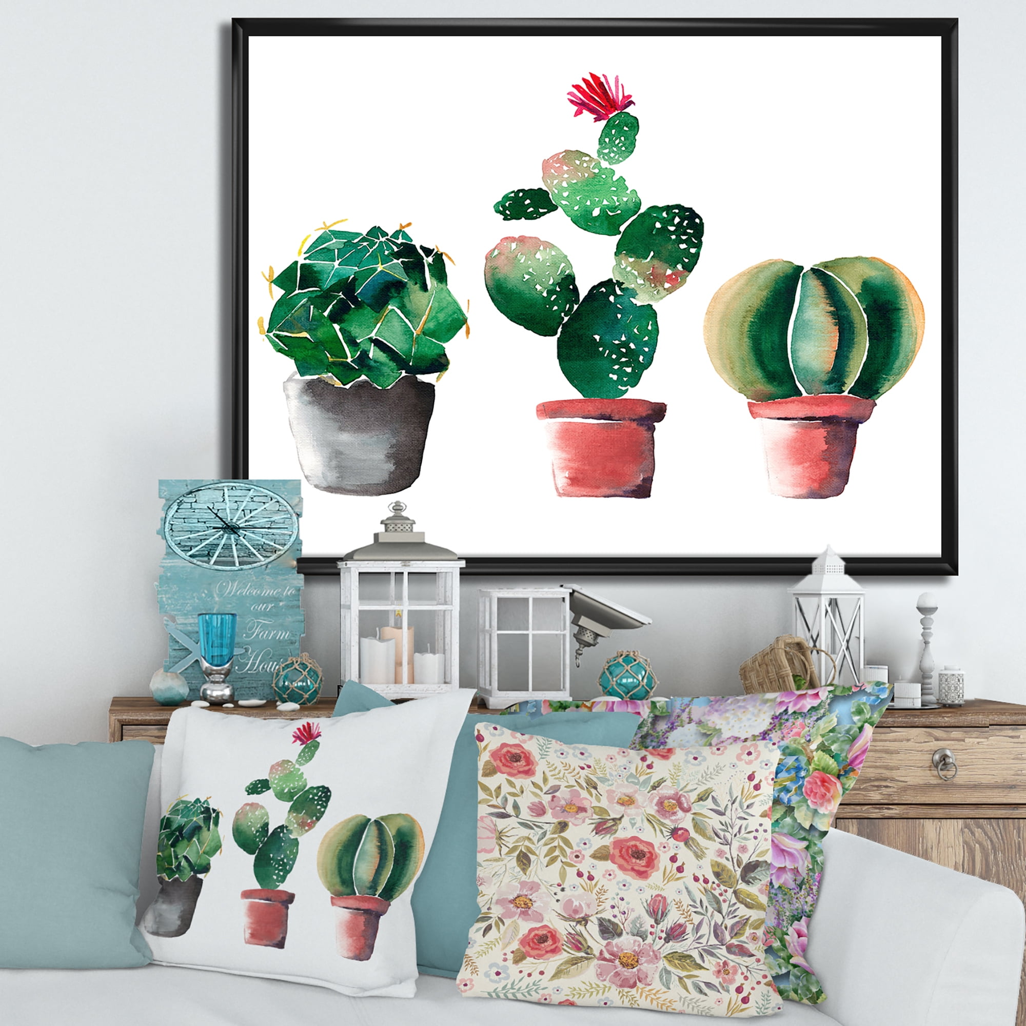 Designart 'Three Cacti In Clay Pots On White' Traditional Framed Canvas Wall Art Print