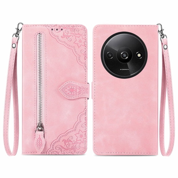 Phone Case for Xiaomi Redmi A3 4G, Shockproof PU Leather Wallet Case with Card Slots Anti-Scratch Stand Magnetic Flip Zipper Pocket Cover for Xiaomi Redmi A3 4G, Pink