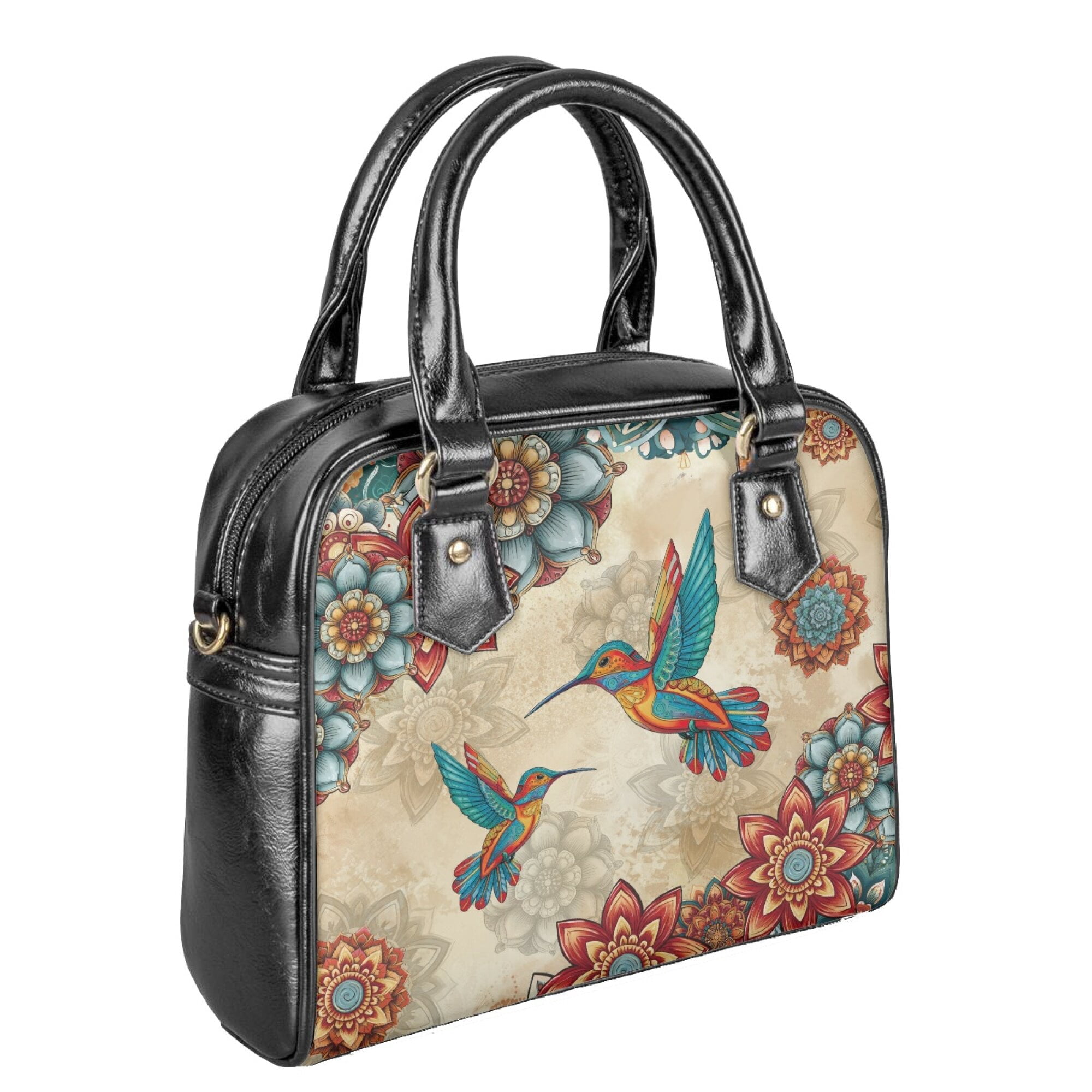Tutolipy Hummingbird Boho Mandala Printed Satchel Handbag Women's Tote Purse Large Capacity Top Handle Purse Crossbody Shoulder Bags Messenger Bag for Shopping, Beige and Orange