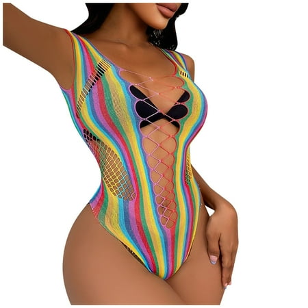 

OVTICZA Women s Colorful Sexy Crotchless Bodystocking Lingerie Fishnet Lace Stockings Bodysuit One Size Multicolor