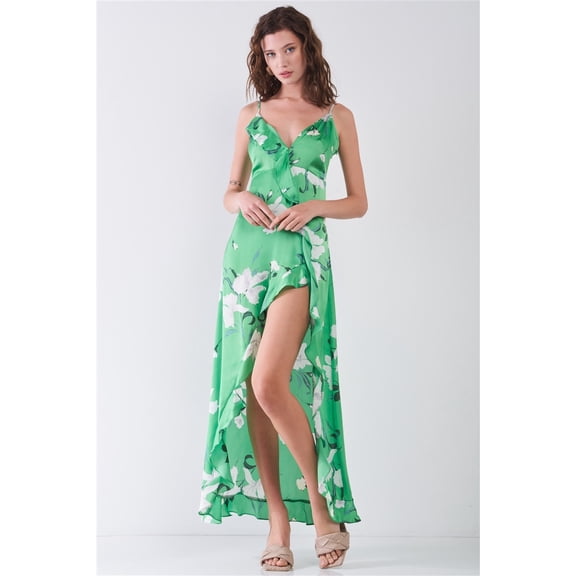 Satin Floral Print Sleeveless V-neck Self-tie Back Ruffle Trim Side Slit Detail Maxi Dress M