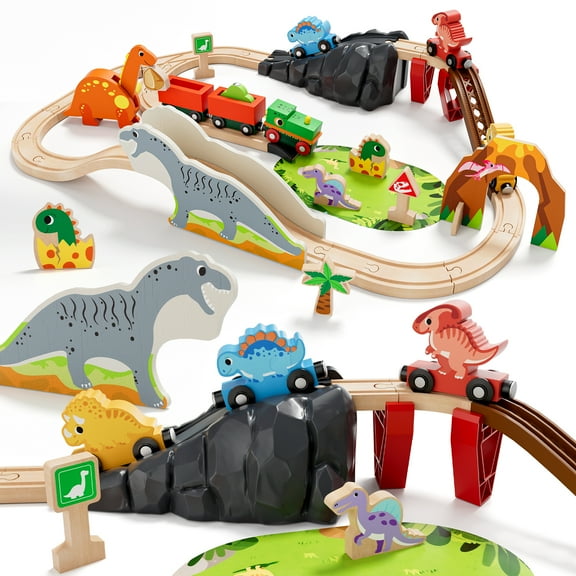 Train Set, Wooden Train Set for Kids, Train Set for Kids Ages 4-8, Train Track Toy Set with 3 Dinosaur Trains, Toys for 2 Year Old Boys, Compatible with Other Brands