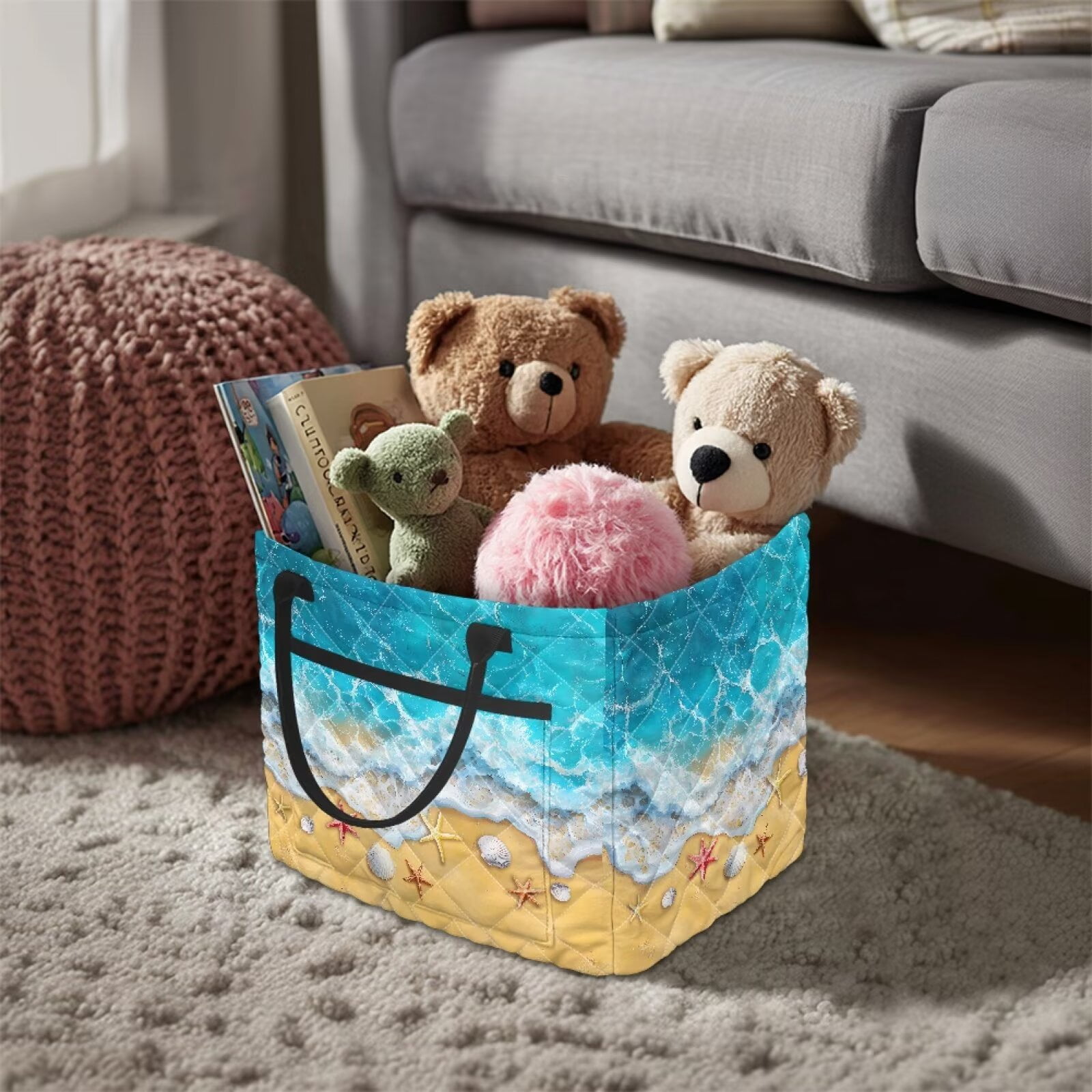 Yuyamidu Beach Starfish Fabric Storage Basket 6.39 Gal Quilted Storage Basket Portable Folding Storage Laundry Nursery Hamper for Nursery Bedroom Living Room
