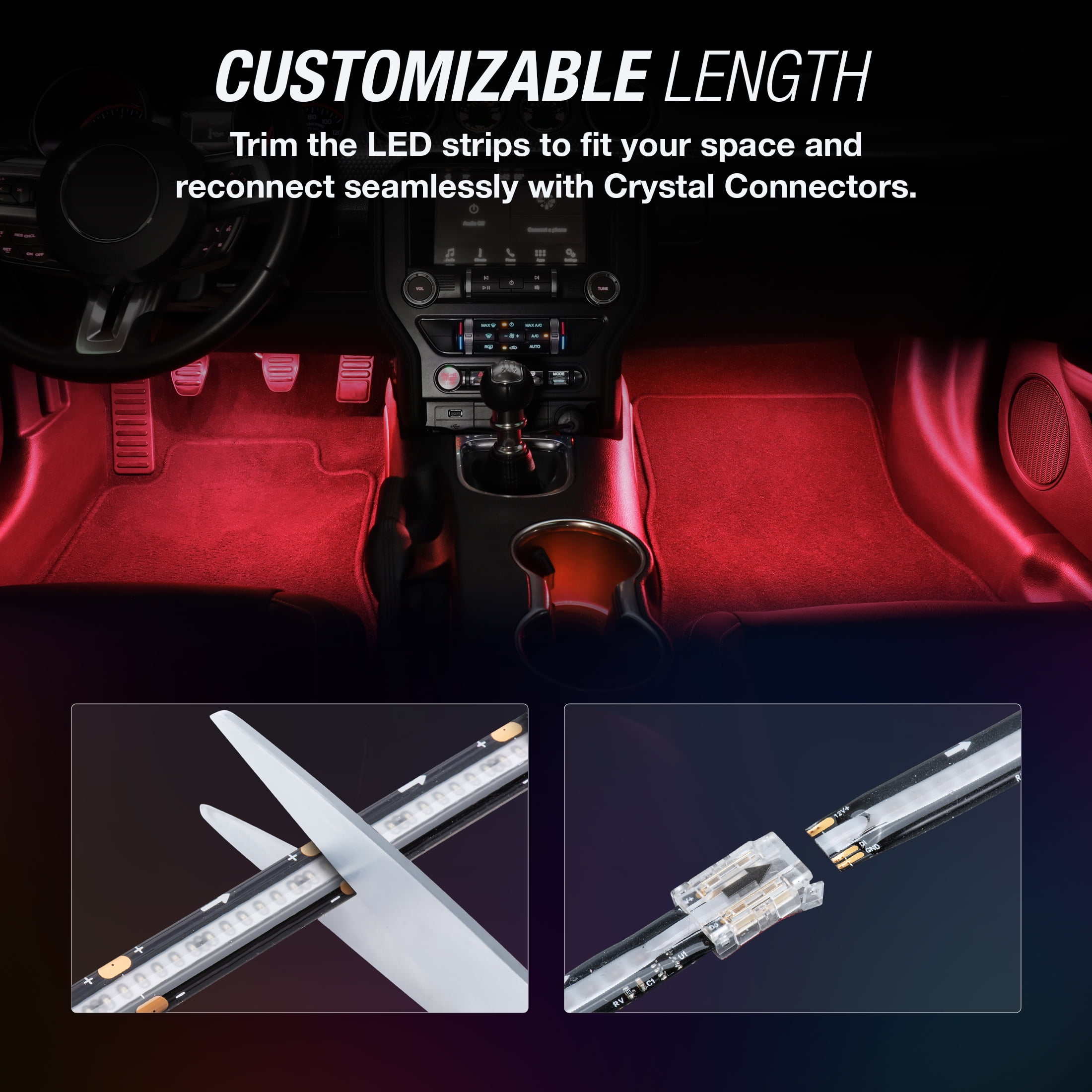 (2 pack) TYPE S - Infinite Glow Red LED Ambient Lighting - Car LED Strip Lights, Light Sync Technology, 3M Adhesive, Trimmable, 12V, 2 x 12" Red Strips, 24 inches