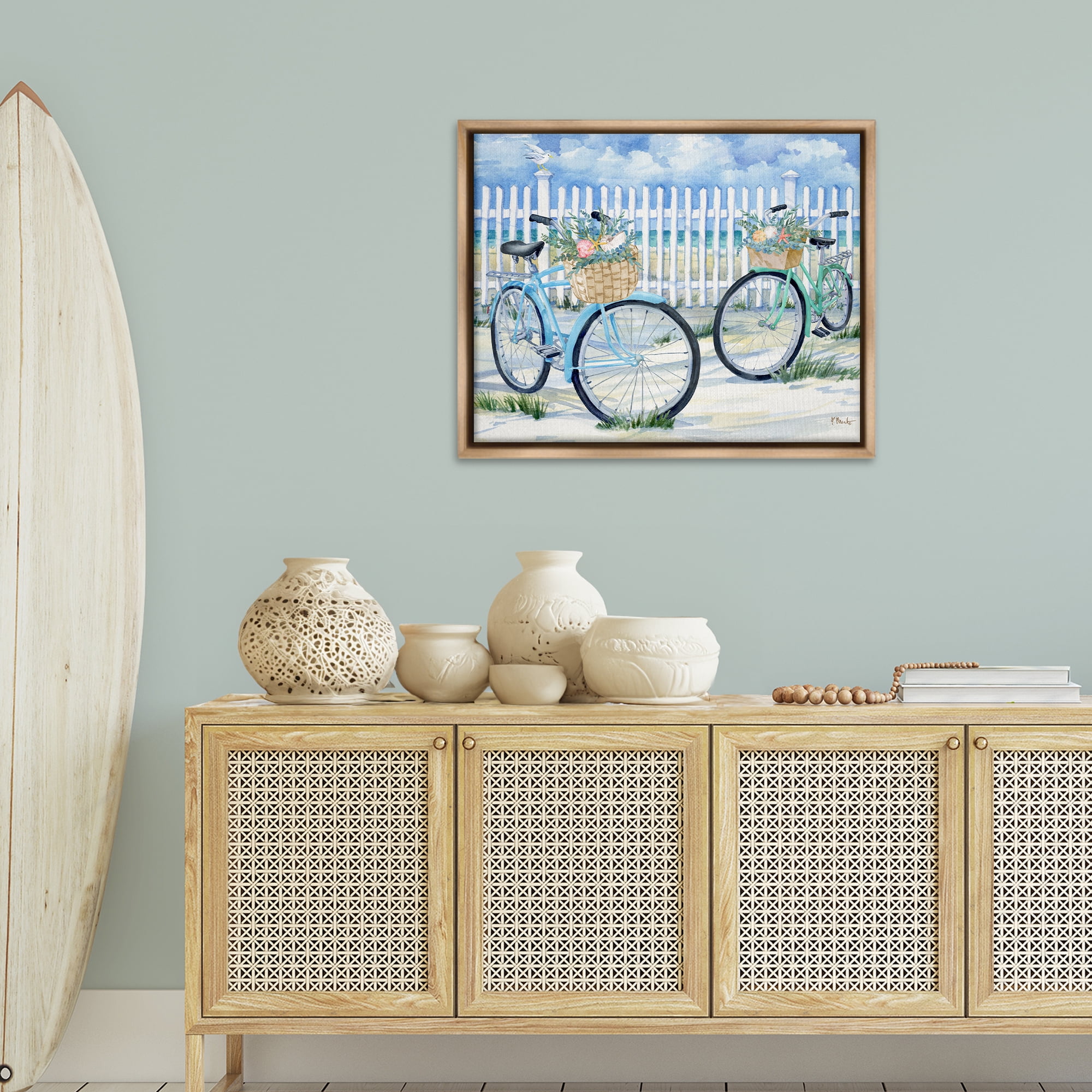 Stupell Industries Bicycles at Beach Fence Transportation Painting Brown Floater Framed Canvas Art Print Wall Art, 31 x 25