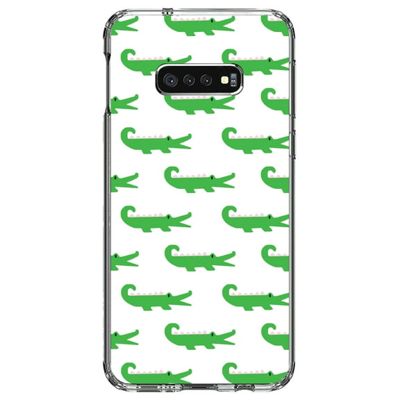 DistinctInk Clear Shockproof Hybrid Case for Samsung Galaxy S10e (5.8" Screen) - TPU Bumper, Acrylic Back, Tempered Glass Screen Protector - Green White Alligators - Cartoon Alligators