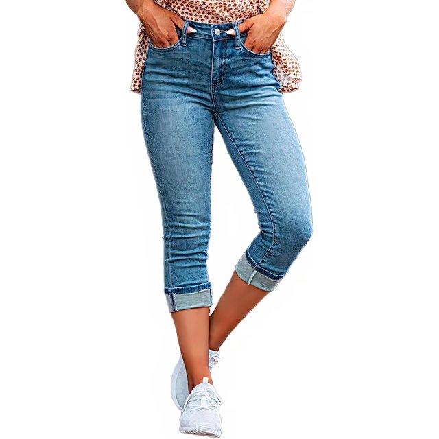 Pantalones vaqueros capris para mujer, cintura media, detalle de bolsillo rasgado, dobladillo doblado con doble botón, pantalones de mezclilla, azul medio, dobladillo crudo, XX-Large