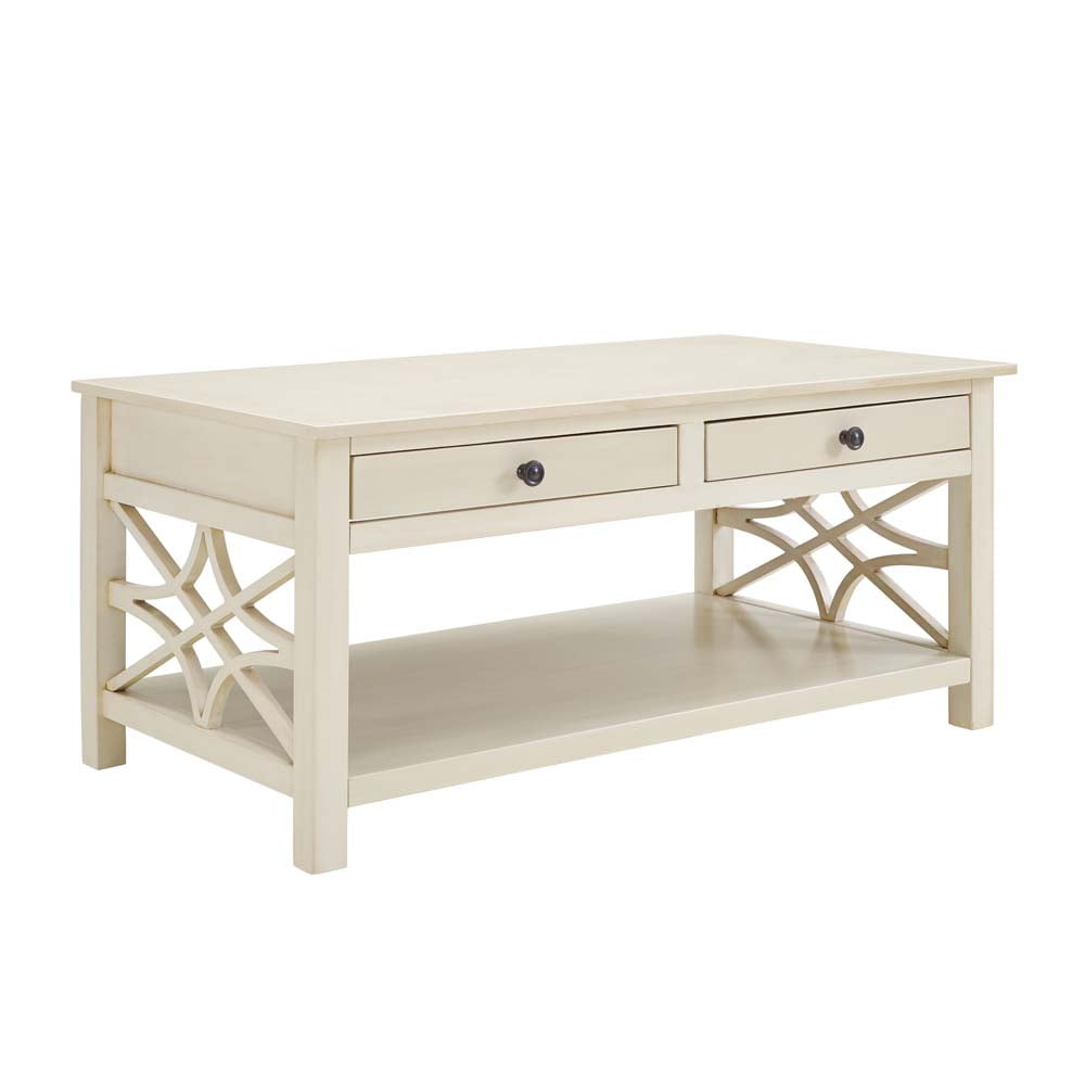 Linon Whitley Coffee Table, Antique White, with 2 Easy Glide Drawers