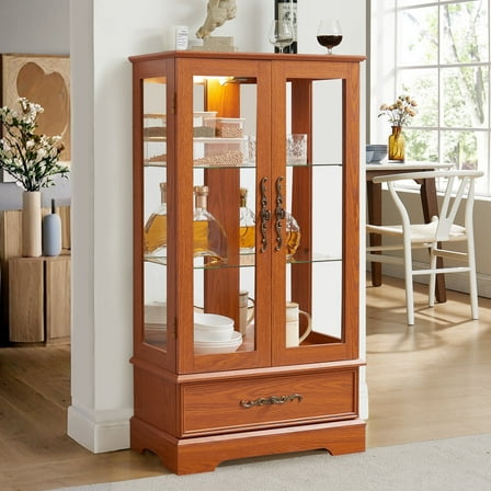 HIUU Glass Display Cabinet with Lights,Small Curio Cabinet with Glass Doors,China Cabinets,Lighted Curio Cabinets,Vitrinas Para Colecciones(Oak)