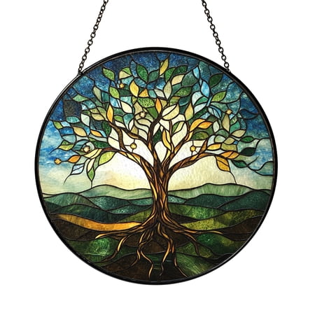 Colorful Tree Of Life Stained Glass Window Hanging Spiritual Nature Home Decor Accent Gift