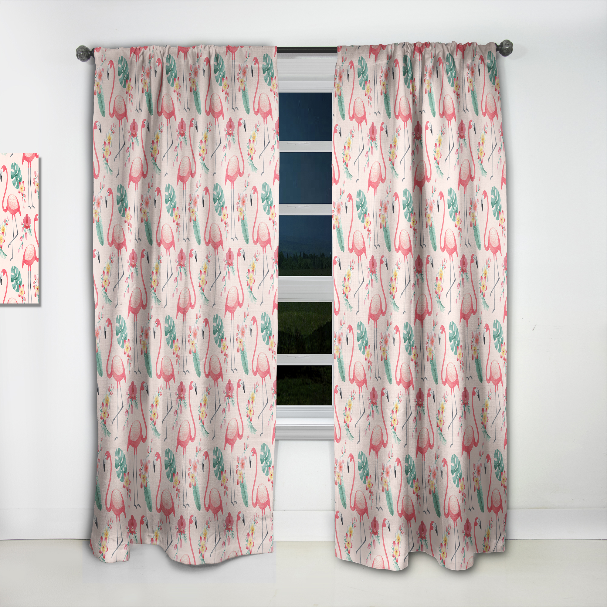 Designart 'Tropical Botanicals, Flamingo and Flowers II' Mid-Century Modern Curtain Panel