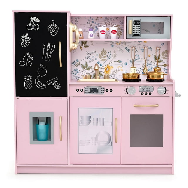 Costway Kid's Pretend Play Kitchen Toddler Kitchen Playset with Blackboard Light Pink