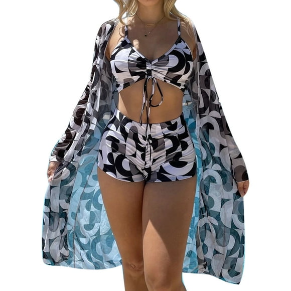 MAWCLOS Women Bathing Suit Ruched Swimsuit Three Pieces Swim Bikini Set Push Up Seaside Floral Print Swimming Suits Black XL