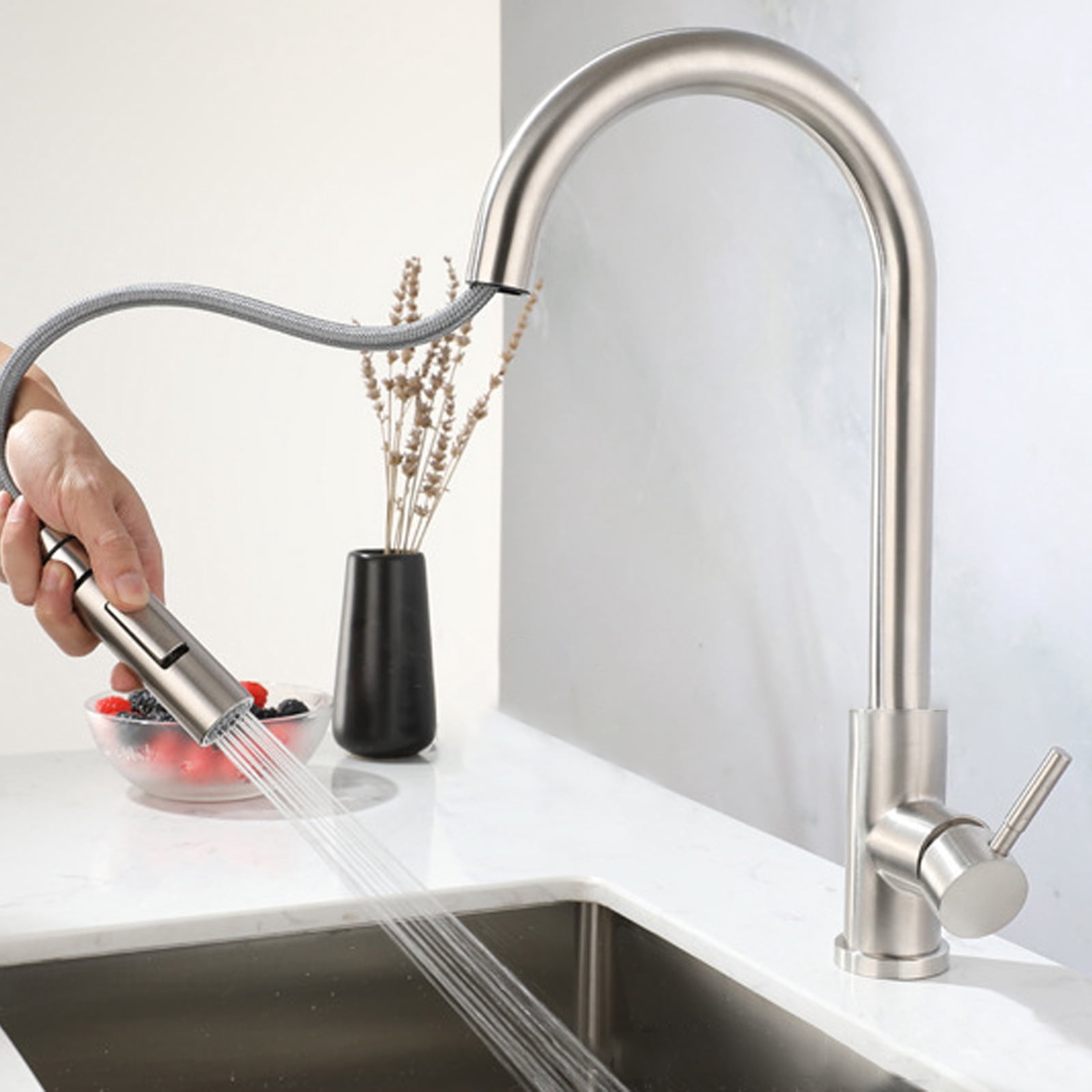 Brushed Nickel Kitchen Faucet, Single Handle, 2 Water Mode 360 Degree Swivel Pre-Rinse Pull Out Kitchen Sink Faucet with Deck Plate