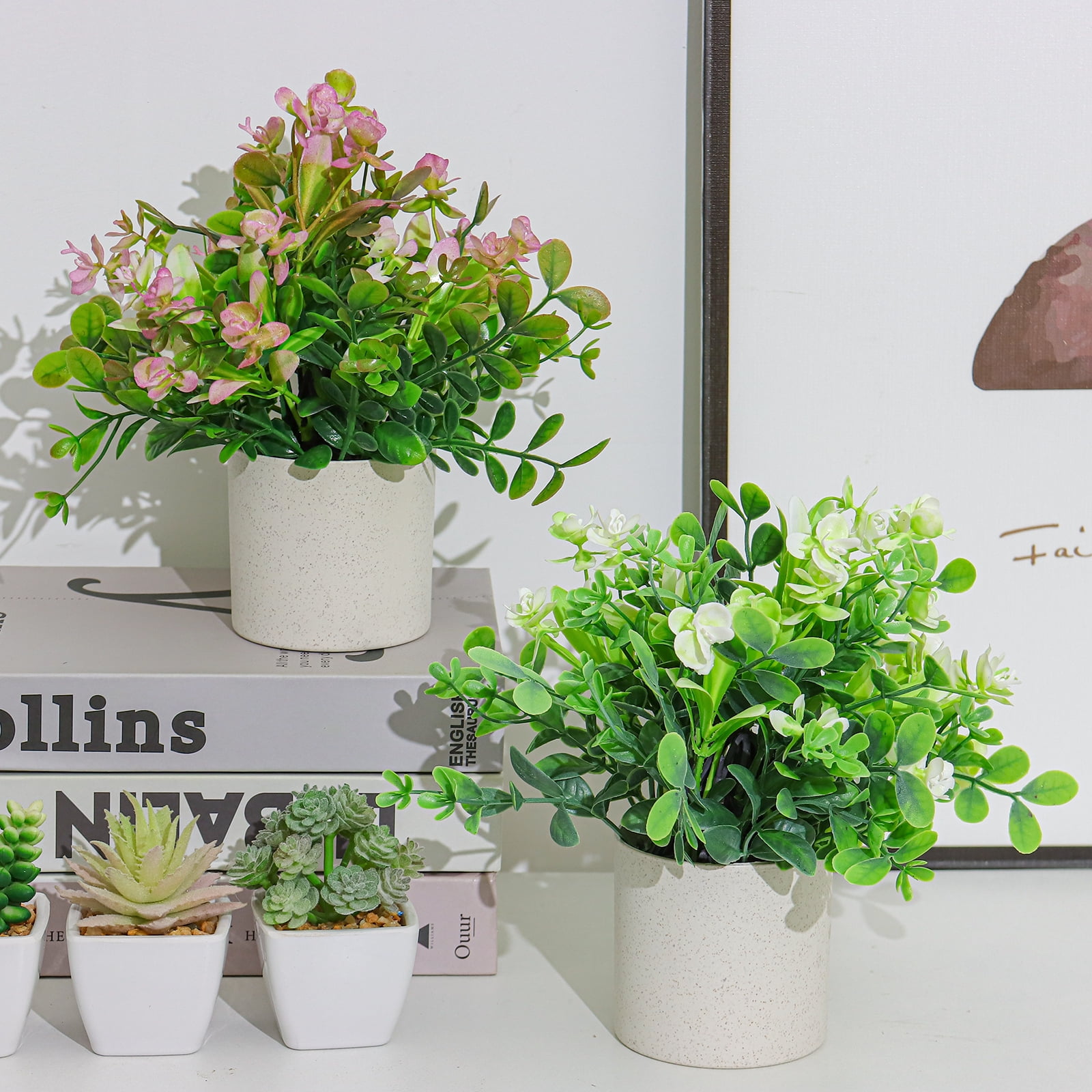 Artificial Plants Samll Fake Flower in Pot 6pcs Potted Plant for Home Office Farmhouse Bathroom Shelf Decor Indoor 7.9x7.9inch