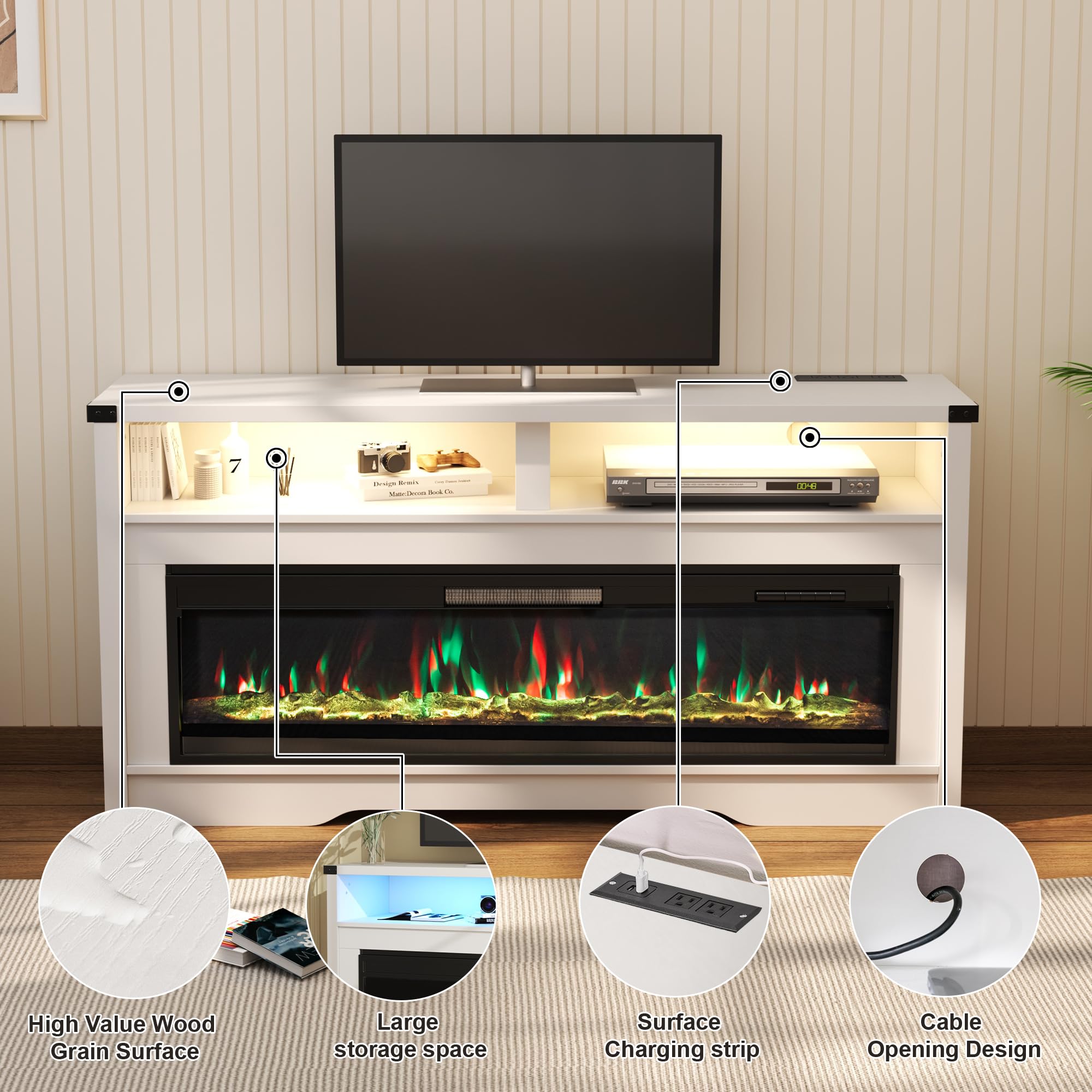 Fireplace TV Stand, Wood Texture 50" Electric Fireplace with Highlight Storage Cabinet, LED Light Entertainment Center, for TVs Up to 65"(White)
