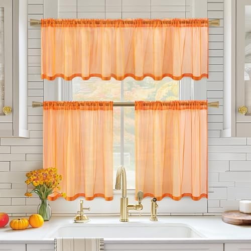 TianQi Fall Orange Kitchen Curtains and Valance Set, 1 Pieces of Half Window Valance 60 x 18 Inch, 2 Panels Rod Pocket Tier Curtains 29 X 24 inch for Kitchen Bathroom Cafe Orange Orange Orange Orange