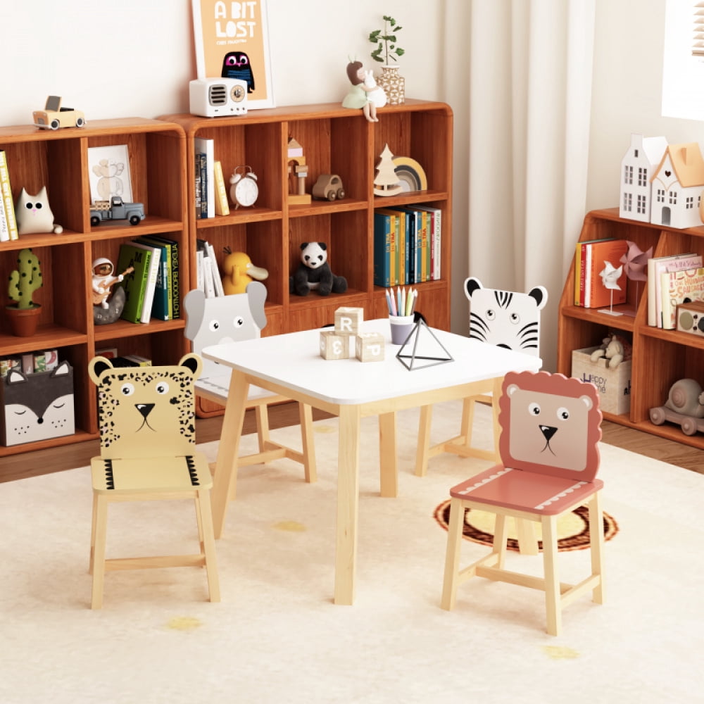 5 Piece Kiddy Table and Chair Set , Kids Wood Table with 4 Chairs Set Cartoon Animals (bigger table) (3-8 years old)