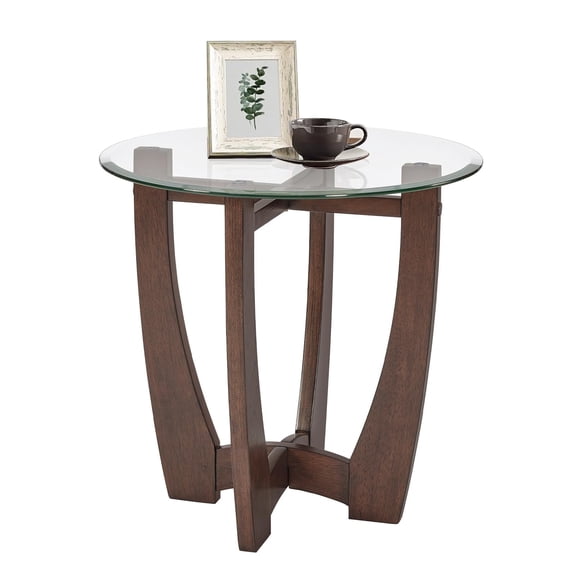 23.5" Round Tempered Glass Top End Table, Solid Wood Cross Base Nightstand for Living Room Office, Cherry