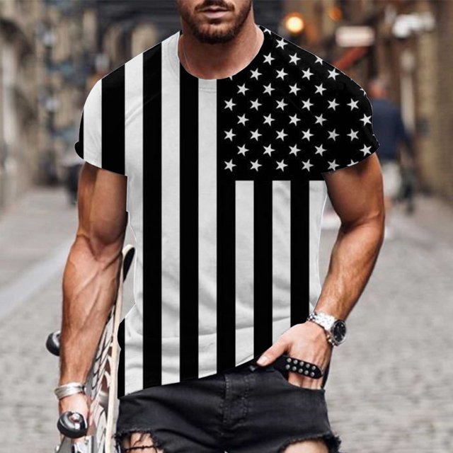 LSLJS Men's Patriotic Shirts Independence Day Stripes Print T-Shirts Round Neck Short Sleeve Shirts