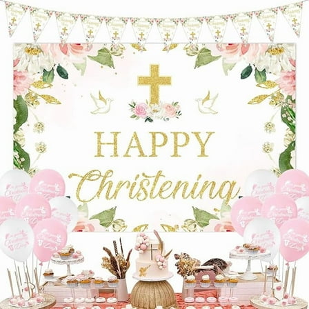 Christening Decorations Pink for Girls, Happy Christening Backdrop, On Your Christening Day Banner, First Holy Communion Baby Shower Baptism Party Supplies