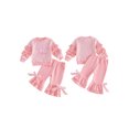 thumbnail image 2 of RUINIXCW Toddler Girl Fall Outfits Letter Bow Embroidered Ruffles Long Sleeve Crew Neck Sweatshirt and Flare Pants 2 Pieces Set, 2 of 8