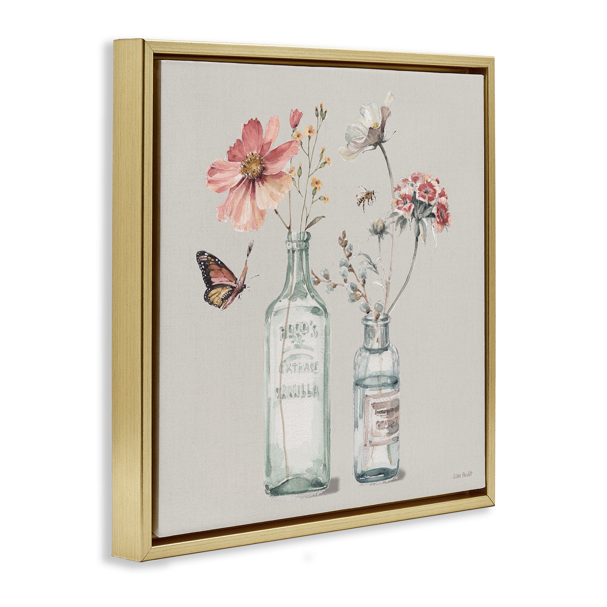 Stupell Industries Flower Jar Butterfly Painting Botanical & Floral Painting Gold Floater Framed Canvas Art Print Wall Art, 18 x 18