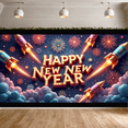 thumbnail image 2 of Decorative Design Happy New Year Banner Polyester Material Celebration Banner Rocket Theme Floral Elements Colorful Theme for Holiday Celebration Indoor Decoration Kids Party, 2 of 9