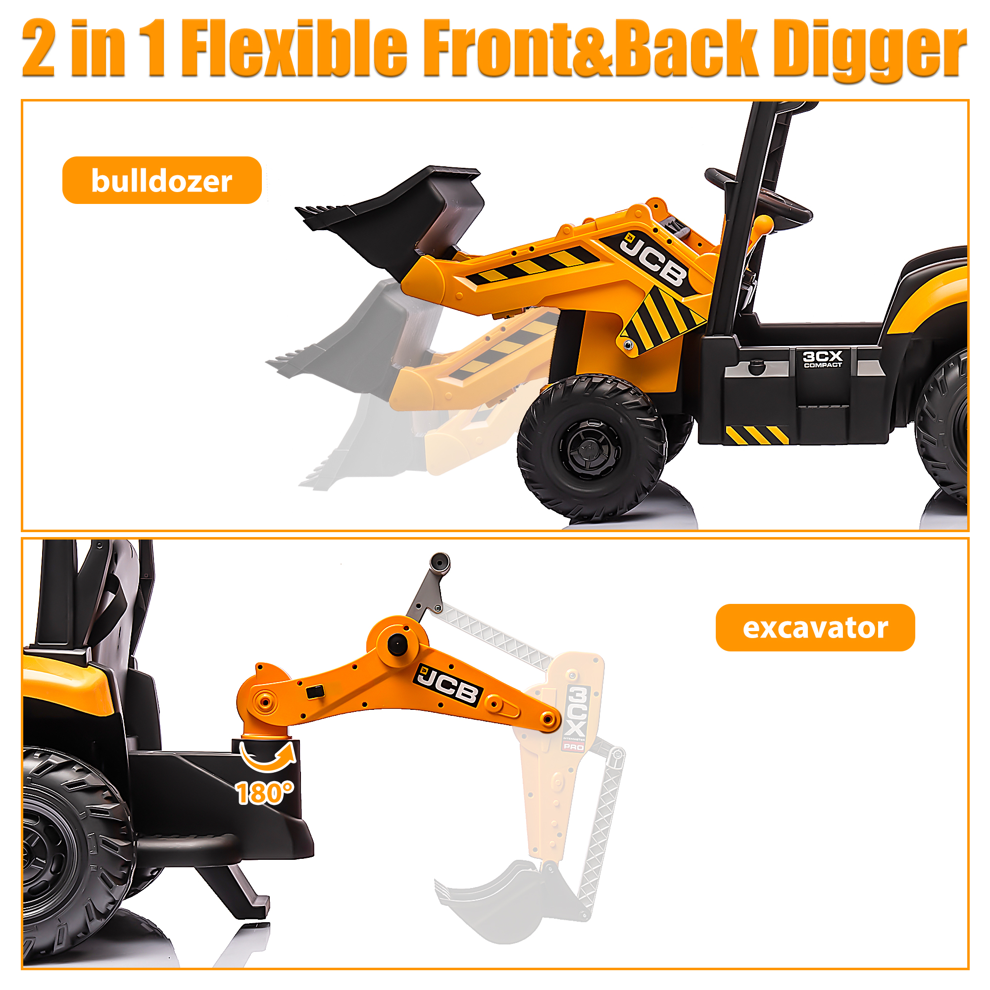 JCB 12V Ride on Excavator Digger, 4in1 Kids Ride on Toy with Remote Control, Powered Electric Construction Tractor for 3-6 Years Old Boys Girls Toddlers, Ajustable Front and Back Loader, Yellow - image 4 of 10