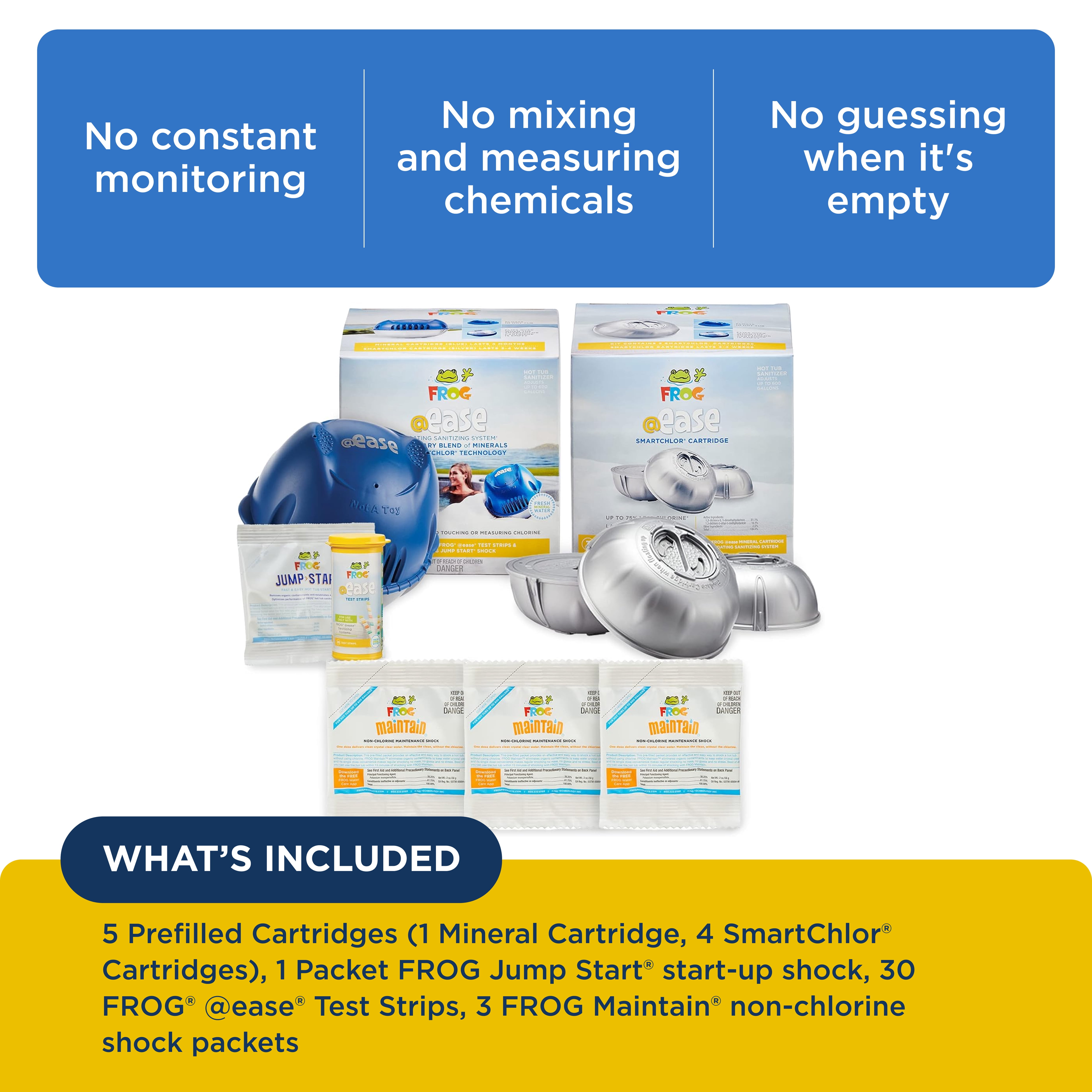 FROG @ease Floating System for Hot Tubs with 3 Replacement @ease SmartChlor Cartridges & 3 Pack of FROG Maintain - Hot Tub Maintenance System with Sanitizing Minerals & SmartChlor Technology