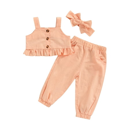 

Chollius 3Pcs Kids Girls Summer Casual Suit Solid Color Sleeveless Ruffled Sling Tops + Pockets Long Pants + Headband