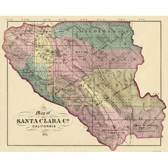Historic County Map - Santa Clara County California - Thompson 1876 - Vintage Wall Art