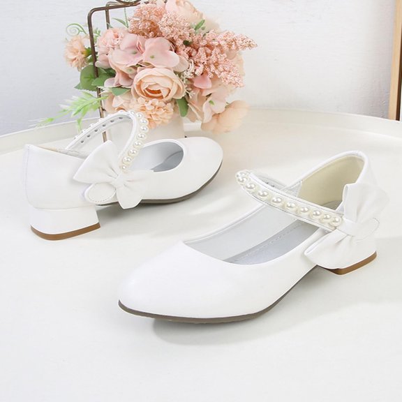FSYBOA Girls Dress Shoes Size 3(Big Kids), Fashion Closed Toe Hook and Loop Strap Low Heel Kids Flat Shoes White