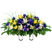 Sympathy Silks Artificial Cemetery Flowers Yellow Tulips/Purple Iris Bouquet & Saddle