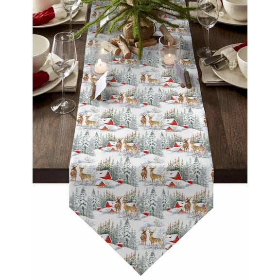 Table Runner Dresser Scarves Christmas Reindeer Red Farm Barn Cotton Linen Burlap Table Cover Seamless Pine Tree Forest Table Runners for Family Kitchen Dining Holiday Party Banquet Decor
